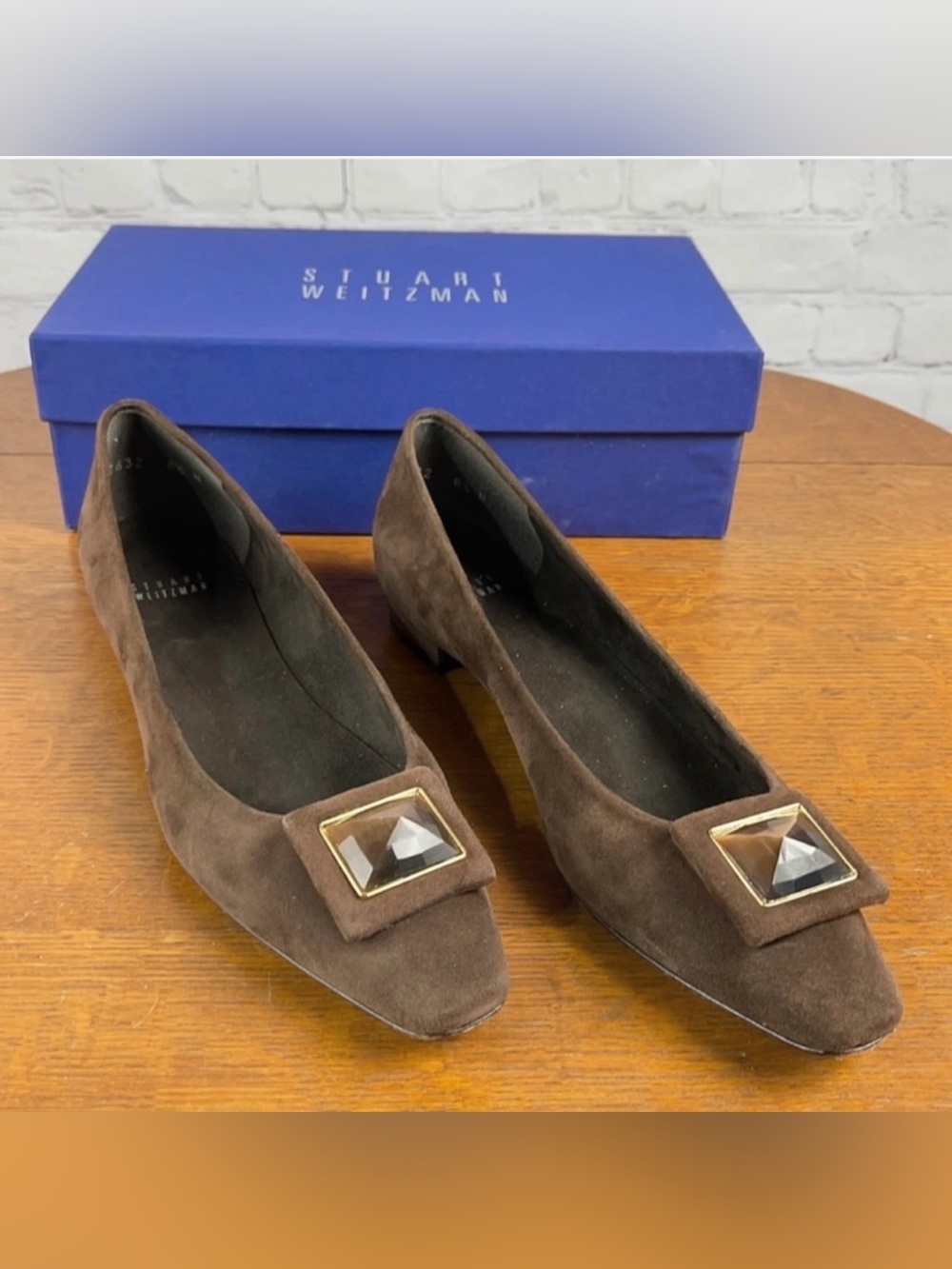 Stuart Weitzman Brown Suede Pointed Toe Loafers with Gem Accent